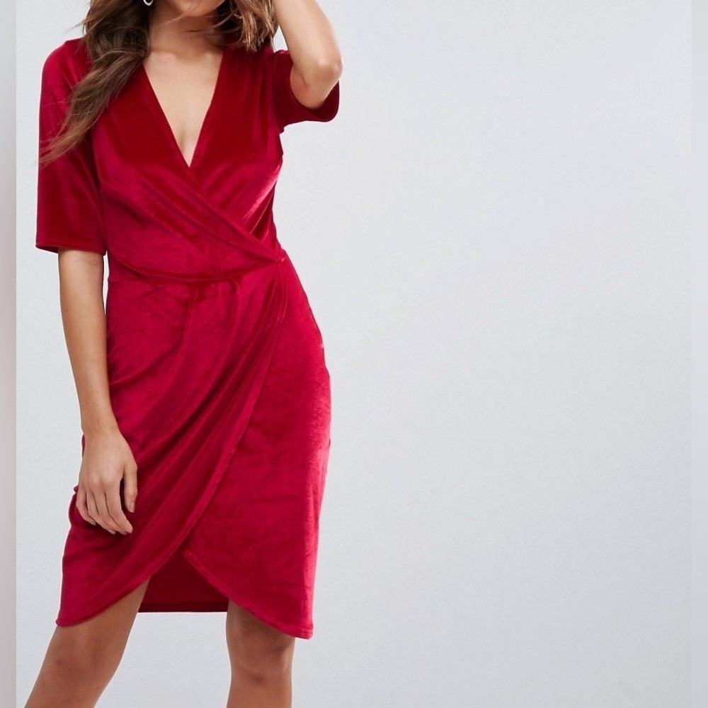 Club L Women's Faux Wrap Front Red Velvet Cocktail Dress‎ V-Neck US 14 UK 10